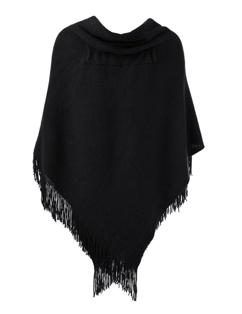 Ferand Womenâ€™s Loose Fitting Poncho Cape Shawl with Stylish Horn Buttons, V Neckline and V Hem, Black - Image 2